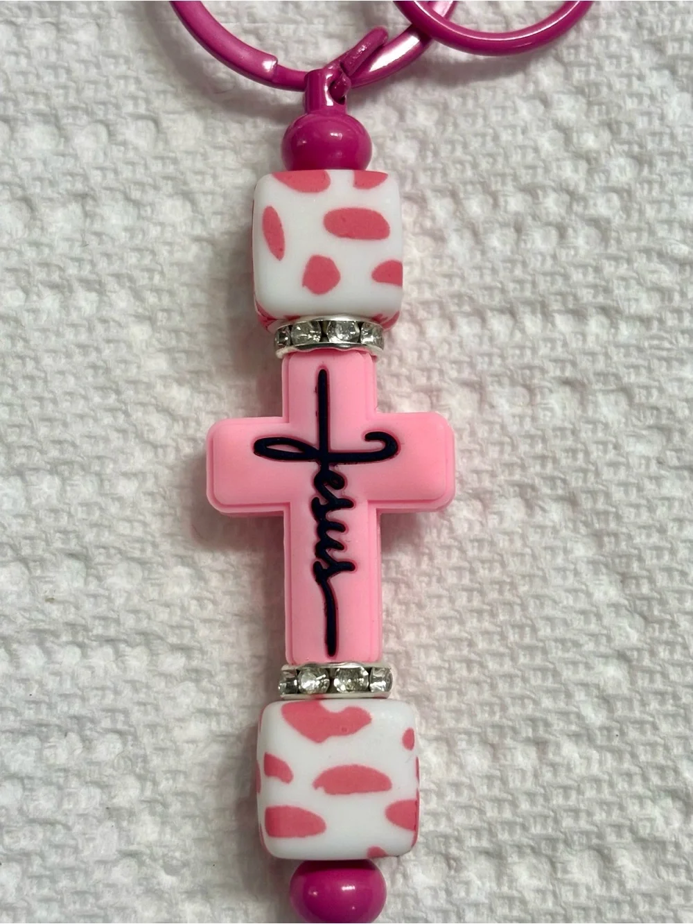 NIP Pink 'Jesus' Cross Keychain Charm
